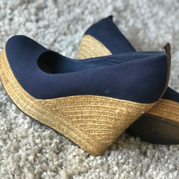 blue canvas wedge shoes